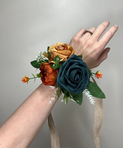 Dark Teal Corsage Wedding Teal Corsage Mom Corsage Deep Teal Rust Terracotta Corsage Burnt Orange Artificial Flowers