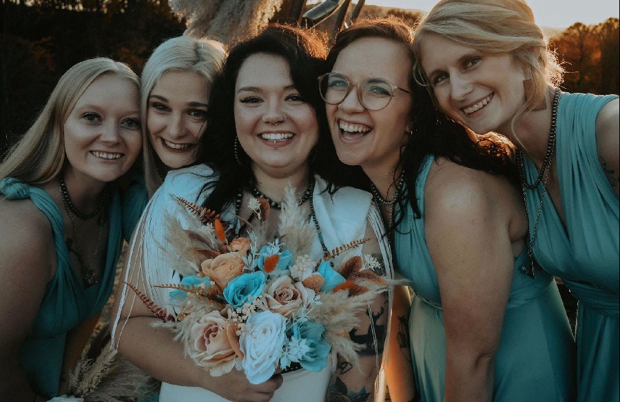 Turquoise Terracotta Bouquet Wedding Bridal Boho Teal Blue Aqua Burnt Orange Bridesmaids Pampas Grass Bouquet White Artificial Flowers