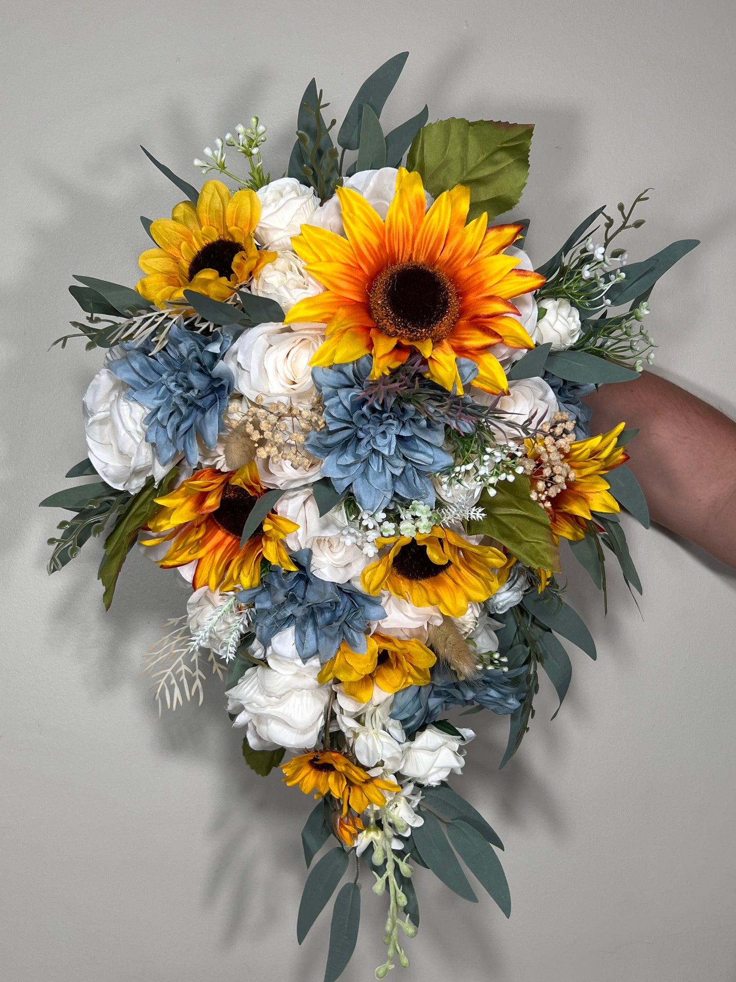 Wedding Bouquet White Bridal Cascade Sunflower Bouquet Cascading Ivory Dusty Blue Sunflower Bridesmaids Bouquet Blue Artificial Flowers