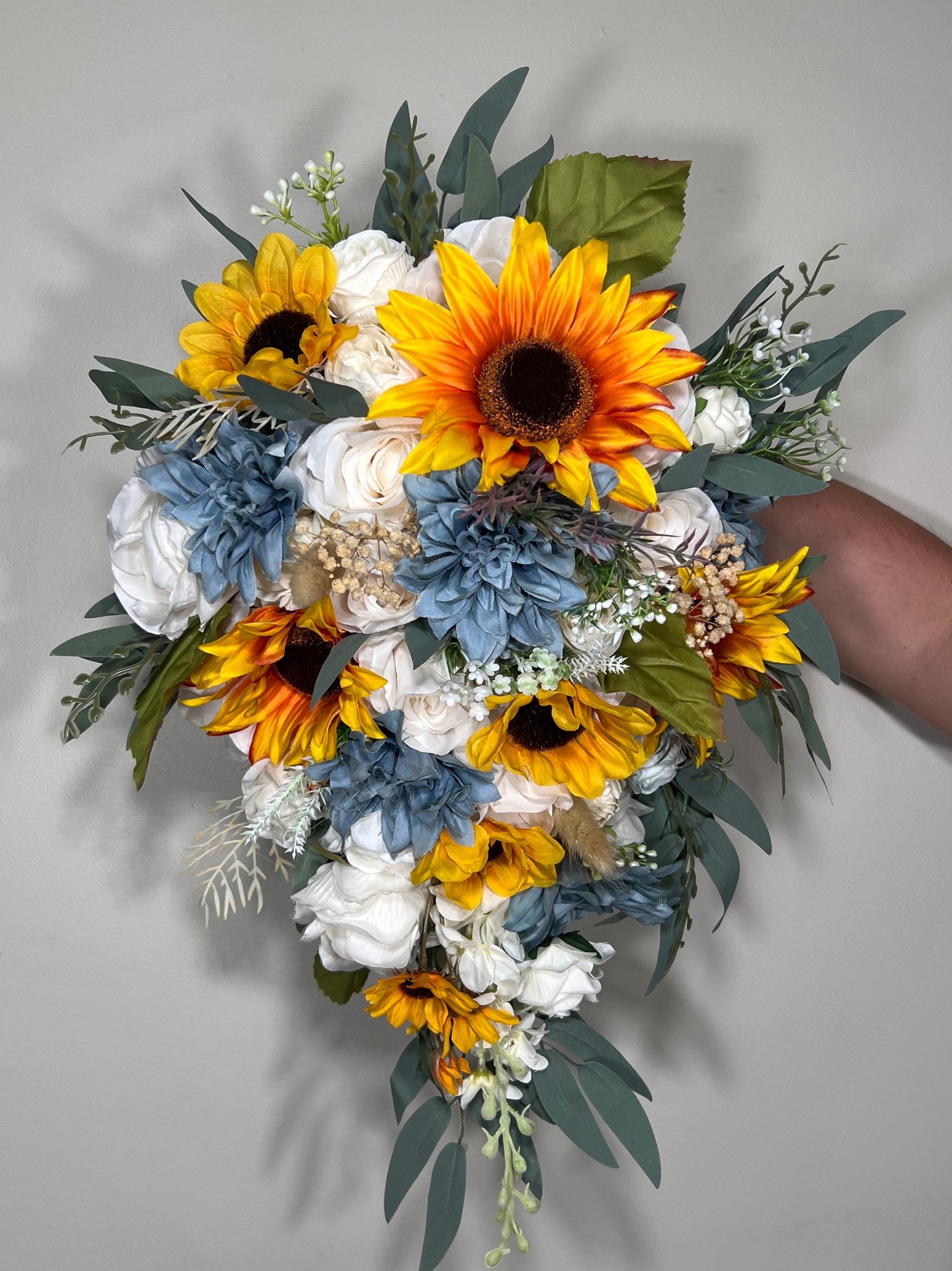Wedding Bouquet White Bridal Cascade Sunflower Bouquet Cascading Ivory Dusty Blue Sunflower Bridesmaids Bouquet Blue Artificial Flowers