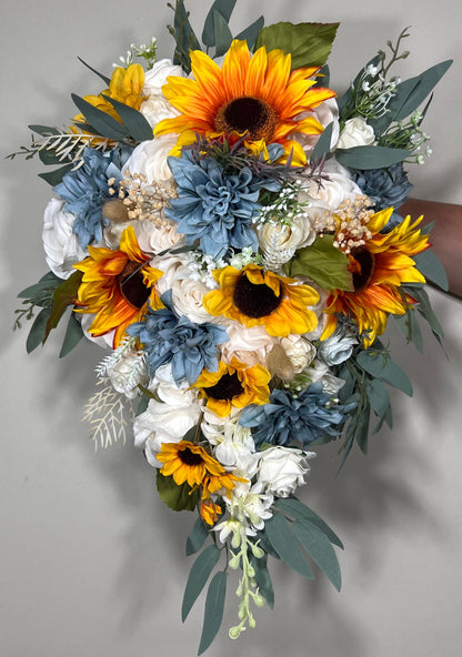 Sunflower Bouquet Bridal White Sunflower Bouquet Dusty Blue Sunflower Bridesmaids Bouquet Blue Sunflower Artificial Flowers