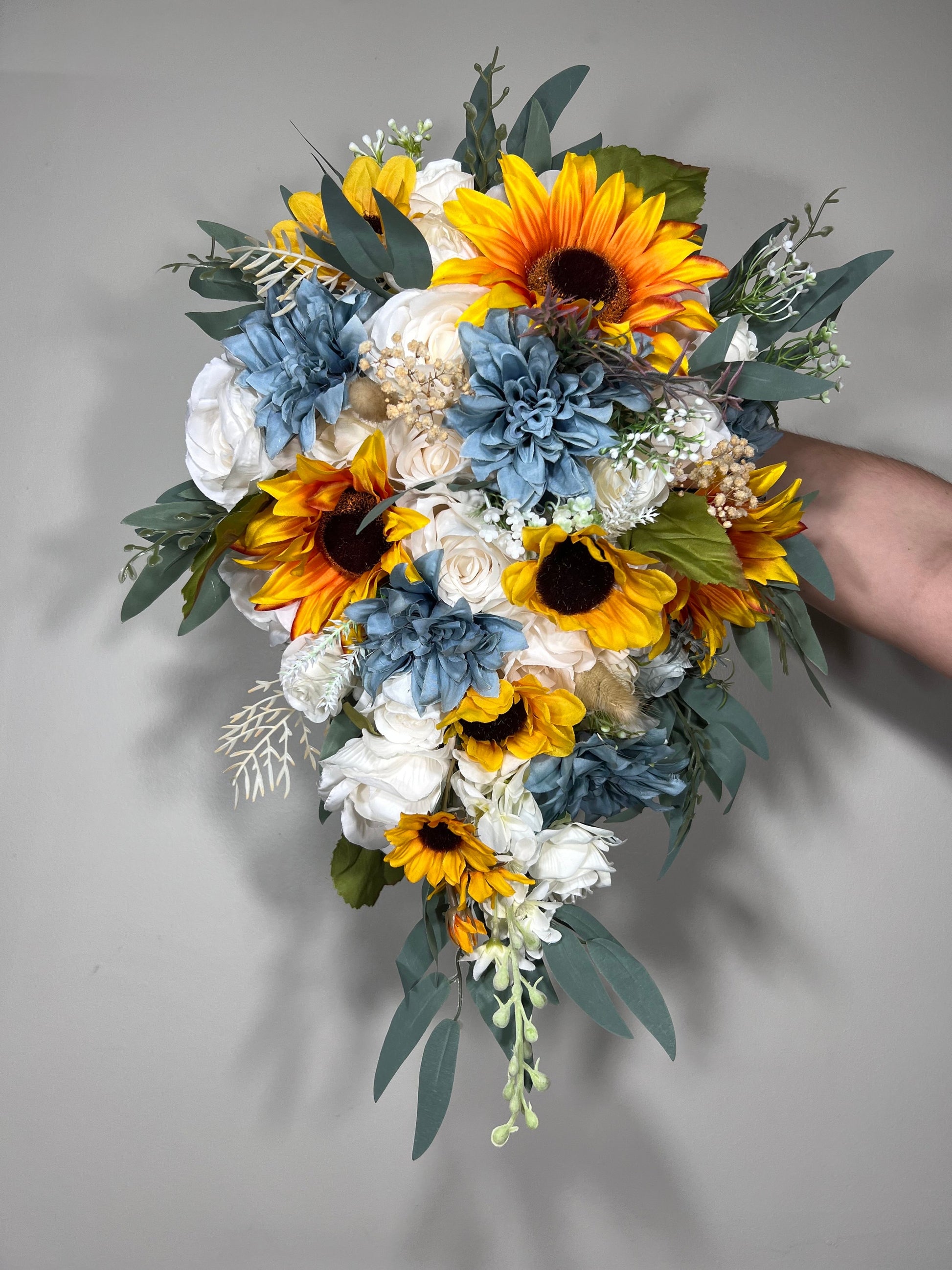 Wedding Bouquet White Bridal Cascade Sunflower Bouquet Cascading Ivory Dusty Blue Sunflower Bridesmaids Bouquet Blue Artificial Flowers