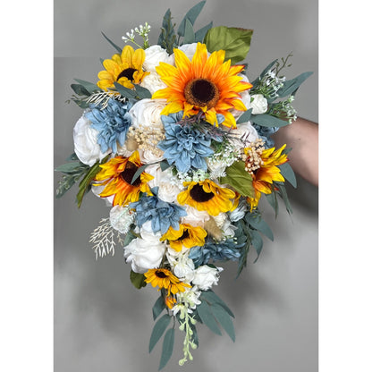 Sunflower Bouquet Bridal White Sunflower Bouquet Dusty Blue Sunflower Bridesmaids Bouquet Blue Sunflower Artificial Flowers