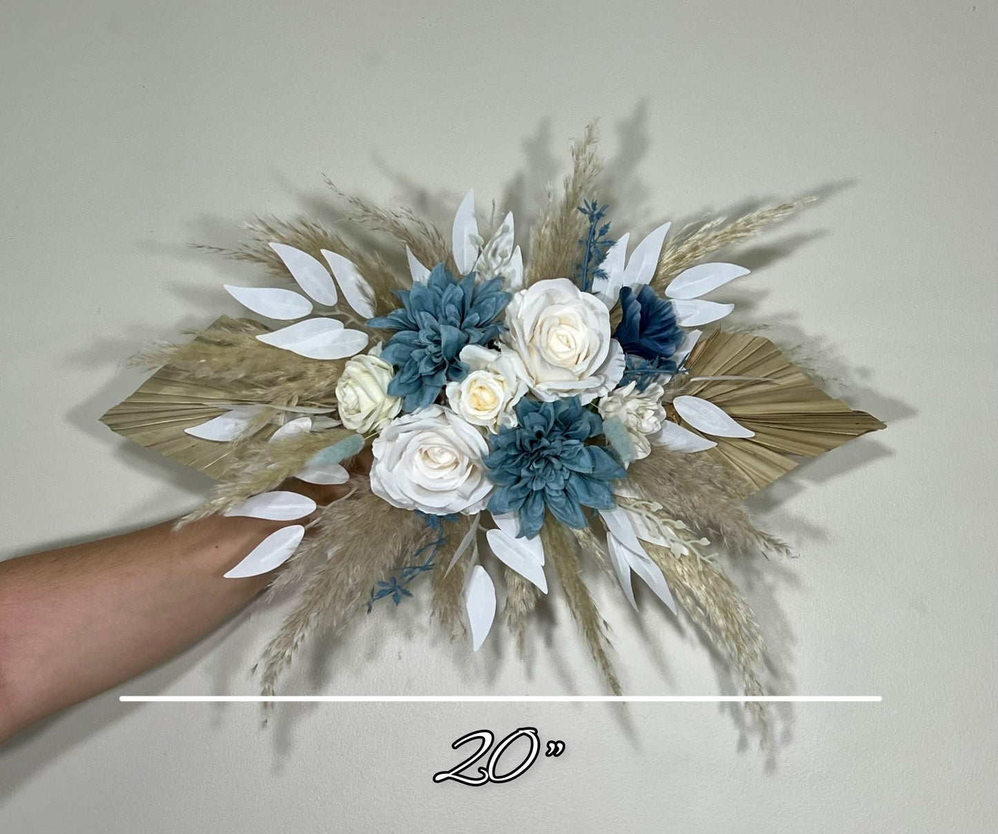 Dusty Blue Arch Arrangements Pampas Grass Palm Leave White Arch Arrangement Dusty Blue Ivory Wall Decor Dahlia Blue Swag Arch Arrangements