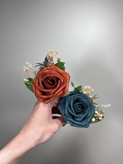 Dark Teal Bouquet Bridal White Terracotta  Burgundy Bridesmaids Bouquet Burnt Orange Teal Rust Ivory Artificial Flowers