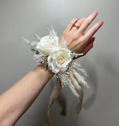 Wedding Corsage White Boho Wedding Wrist Corsage Bridesmaids Corsage Ivory Corsage Accessories Pampas Grass Artificial Flowers Baby Breath