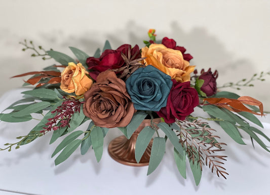 Wedding Centerpiece Terracotta Table Decor Dark Teal Centerpiece Burnt Orange Table Rust Centerpiece Eucalyptus Gold Vase Artificial Flower