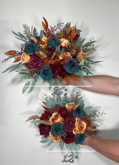 Wedding Dark Teal Bouquet Bridal Burgundy Terracotta Bridesmaids Burgundy Burnt Orange Bouquet Dark Teal Rust Artificial Flowers Bouquet