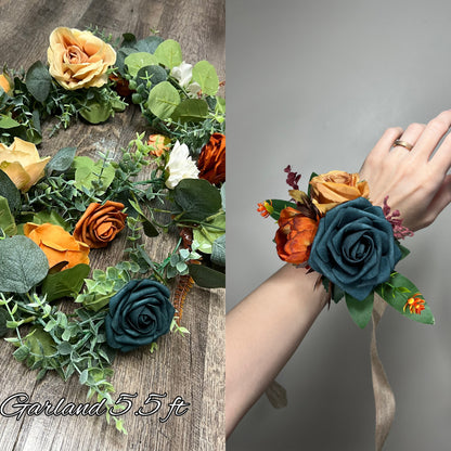 Dark Teal Bouquet Wedding Bridal Terracotta Bridesmaids Orange Bouquet Dark Teal Rust Artificial Flowers Bouquet Burnt Orange Teal