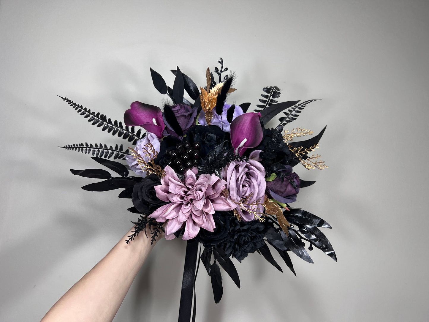 Wedding Bouquet Black Purple Bridal Gothic Bouquet Black Dark Purple Bridesmaids Bouquet Black Purple Calla Lily Gold Artificial Flower