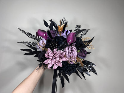 Wedding Bouquet Black Purple Bridal Gothic Bouquet Black Dark Purple Bridesmaids Bouquet Black Purple Calla Lily Gold Artificial Flower