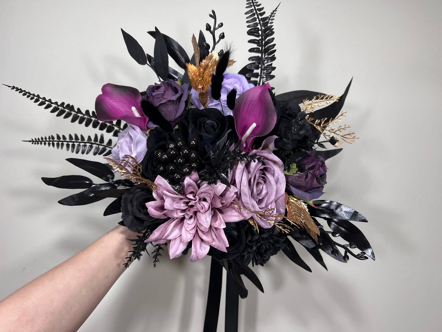 Wedding Bouquet Black Purple Bridal Cascade Bouquet Black Dark Purple Bridesmaids Bouquet Black Purple Calla Lily Artificial Flower