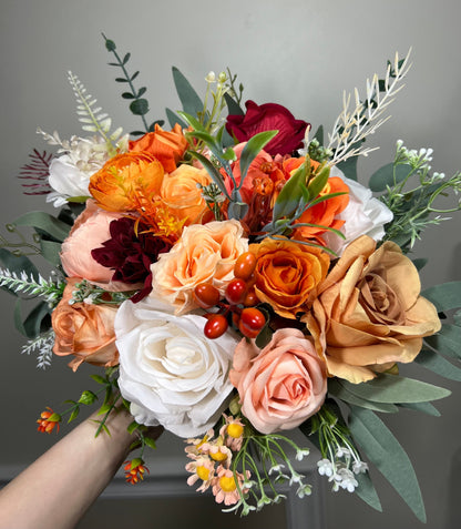 Orange Bouquet Wedding Bridal Peach Wedding White Bridesmaids Bouquet Burnt Orange Ivory Orange Burgundy Eucalyptus Artificial Flower