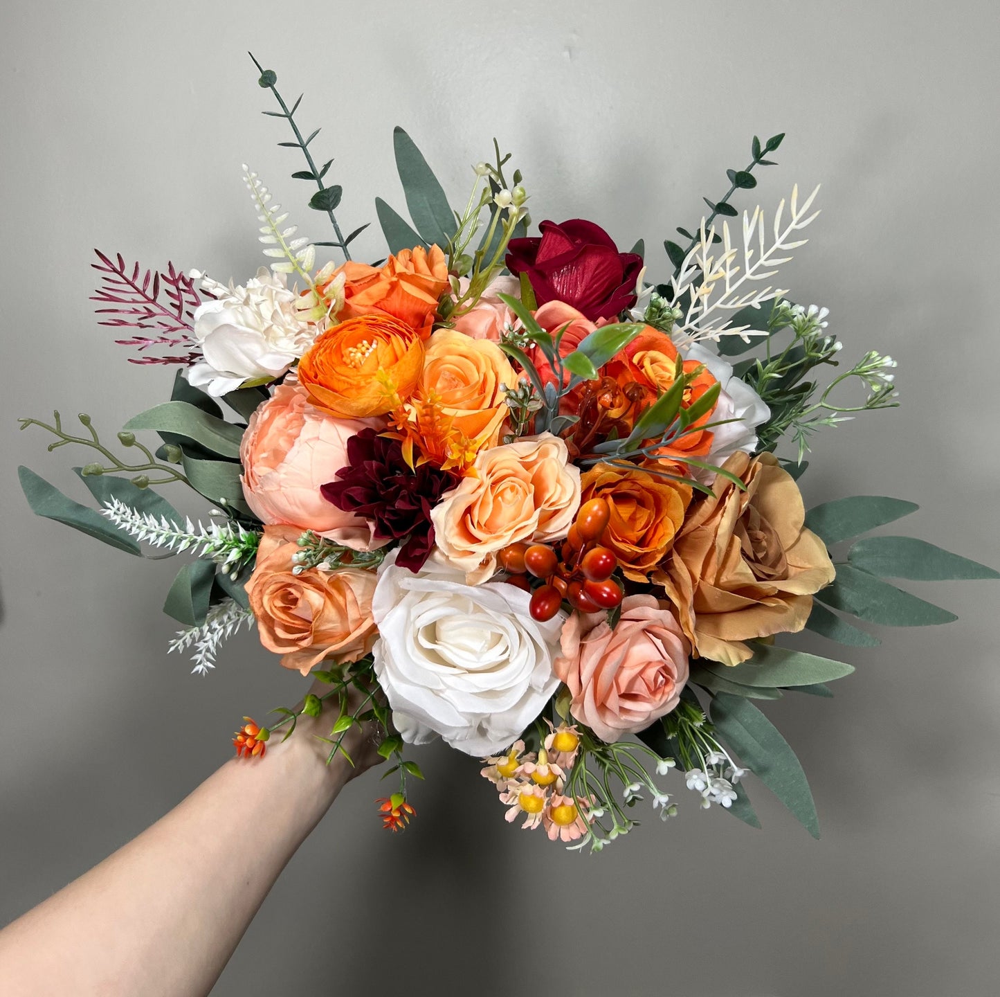 Orange Bouquet Wedding Bridal Peach Wedding White Bridesmaids Bouquet Burnt Orange Ivory Orange Burgundy Eucalyptus Artificial Flower