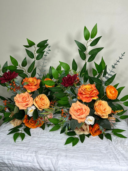 Wedding Aisle Marker Flower Floor Arrangement Whiskey Barrel Décor Orange Ground Arch Burgundy Ivory Burnt Orange Peach Flower