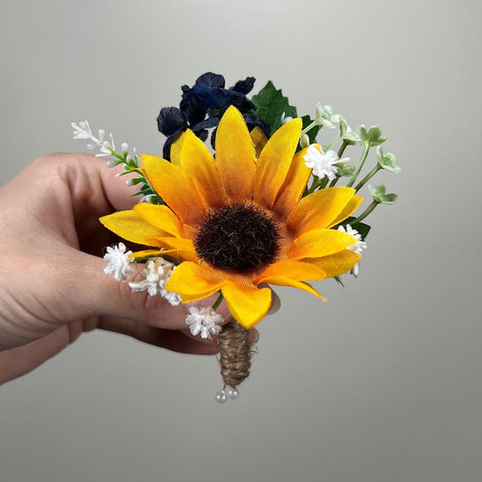 Wedding Sunflower Boutonniere Groom  Boutonnières Navy Blue Groomsmen Sunflower Boutonnière Groom Fall Navy Blue Sunflower Artificial Flower