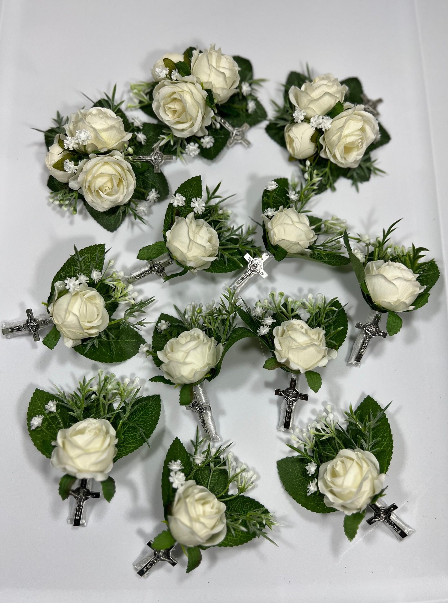 Christian Boutonniere With Cross Pin On Corsage Wrist Groom Wedding Groomsmen Boutonnière Ivory White Rose Catholic Wedding