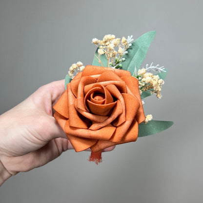 Terracotta Boutonniere Wedding Groom Burnt Orange Boutonnière Terracotta Groomsmen  Boutonniere Rust Orange Groom Artificial Flowers