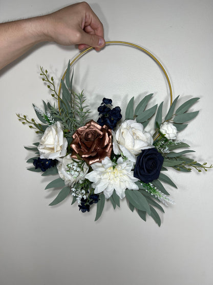 Wedding Hoop White Navy Blue Hoop Ivory Bridesmaids Ring Rose Gold Wreath Flower Girl Navy Blue Rose Gold Hoop Artificial Flower