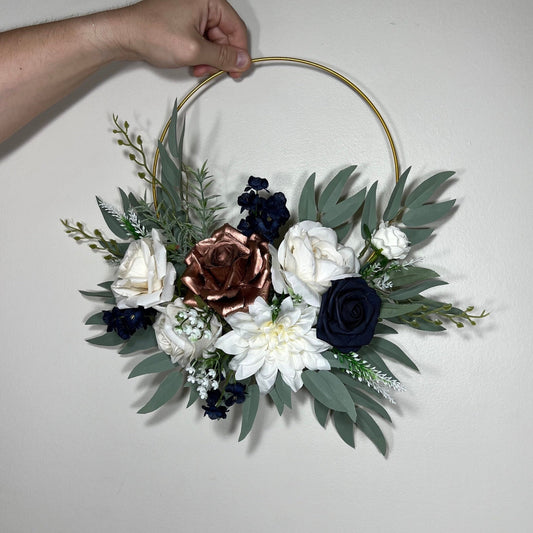 Wedding Hoop White Navy Blue Hoop Ivory Bridesmaids Ring Rose Gold Wreath Flower Girl Navy Blue Rose Gold Hoop Artificial Flower