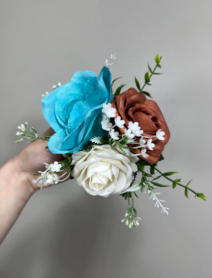 Cake Decoration White Wedding Topper Turquoise Flower Decor Cake Arrangements Teal Terracotta Cake Decoration Rust Ivory Flower Cake Decor