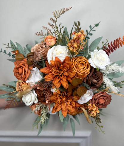 Burnt Orange Ivory Bouquet Bridal Terracotta Wedding White Bridesmaids Bouquet Burnt Orange Brown Bouquet Rust Cinnamon Artificial Flower