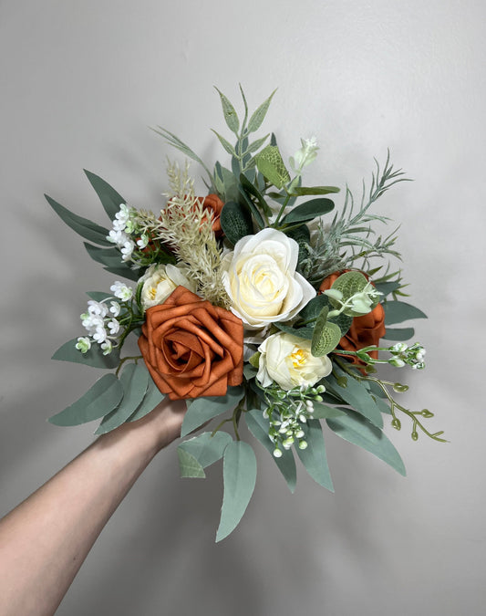 Burnt Orange Ivory Bouquet Wedding Bridesmaids Bouquet Terracotta Bouquet Rust Burnt Orange Bouquet Sage Boho Artificial Flower