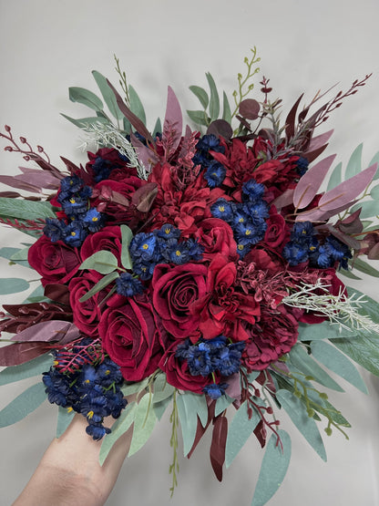 Wedding Bouquet Burgundy Navy Blue Bridal Bouquet Burgundy Blue Bridesmaids Bouquet Burgundy Navy Blue Artificial Flower