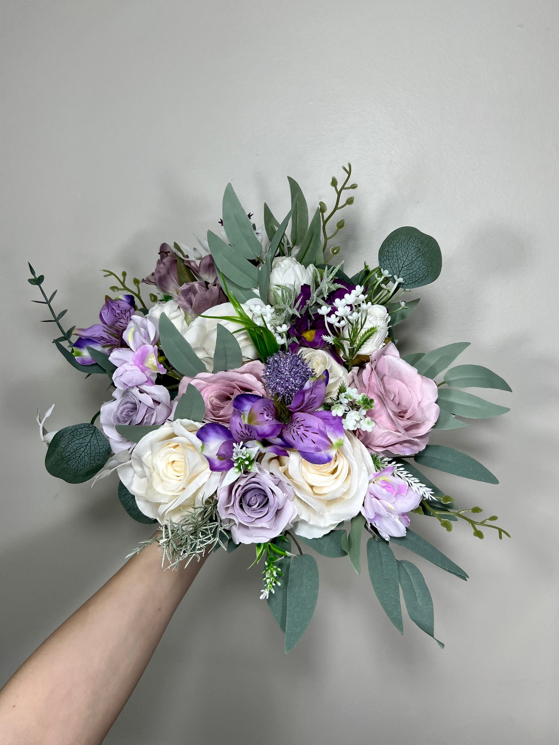 Wedding Bouquet Lavender Bridal Purple Rustic Violet Bouquet Plum Bridesmaids Lilac Mauve Eucalyptus Rose White Wild Flowers Artificial