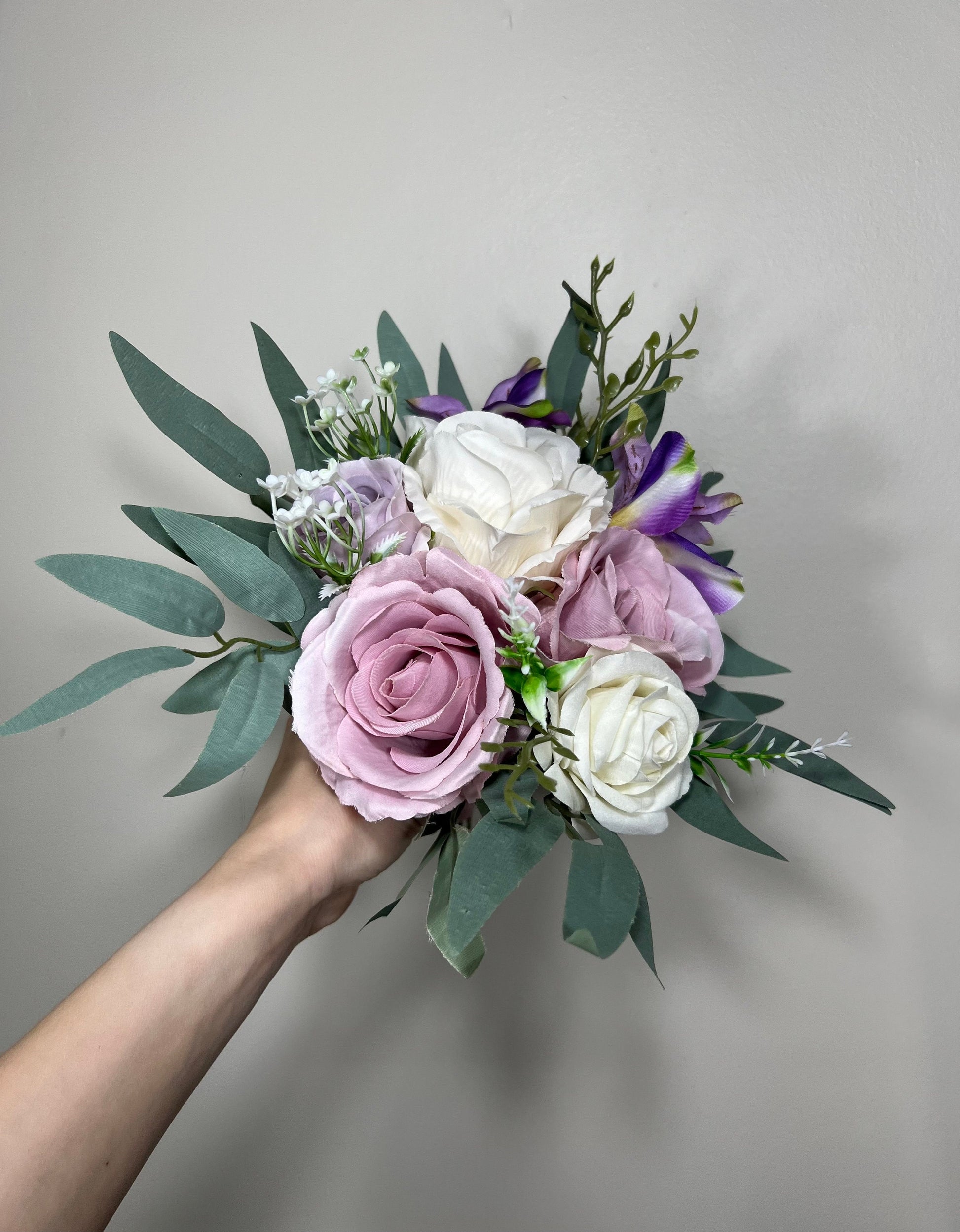 Wedding Bouquet Lavender Bridal Purple Rustic Violet Bouquet Plum Bridesmaids Lilac Mauve Eucalyptus Rose White Wild Flowers Artificial