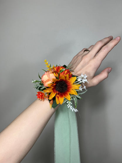 Sunflower Corsage Wedding Wrist Corsage Sunflower Bridesmaids Corsage Burnt Orange Corsage Terracotta Sunflower Artifitical Flower