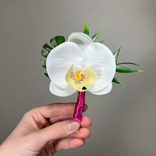 Orchid Boutonniere Wedding Groom White Boutonnière White Groomsmen Beach Boutonniere Tropical Monstera Orchid Artificial Flowers