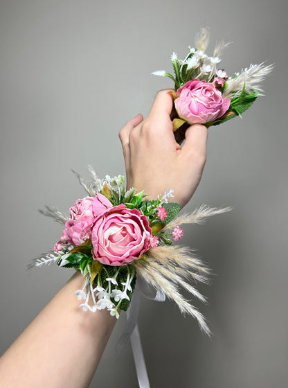 Corsage Pink Peony Wedding Pampas Grass Greenery Artificial Flowers Baby's Breath Gypsophila