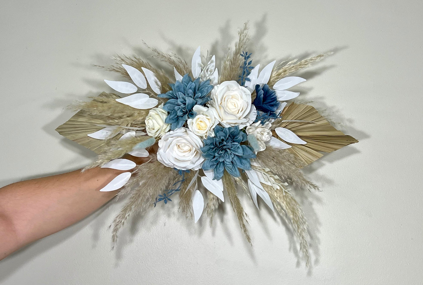 Dusty Blue Arch Arrangements Pampas Grass Palm Leave White Arch Arrangement Dusty Blue Ivory Wall Decor Dahlia Blue Swag Arch Arrangements