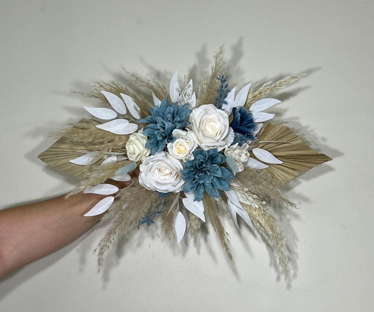 Dusty Blue Arch Arrangements Pampas Grass Palm Leave White Arch Arrangement Dusty Blue Ivory Wall Decor Dahlia Blue Swag Arch Arrangements
