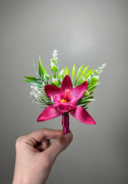 Orchid Boutonniere Wedding Groom Fuchsia Boutonniere Hot Pink Groomsmen Beach Boutonniere Tropical Deep Pink Orchid Artificial Flowers