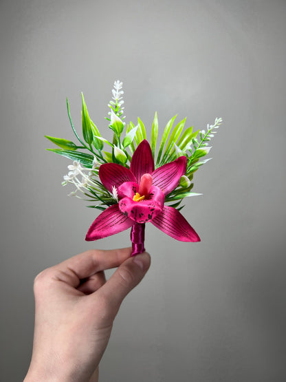 Orchid Boutonniere Wedding Groom Fuchsia Boutonniere Hot Pink Groomsmen Beach Boutonniere Tropical Deep Pink Orchid Artificial Flowers