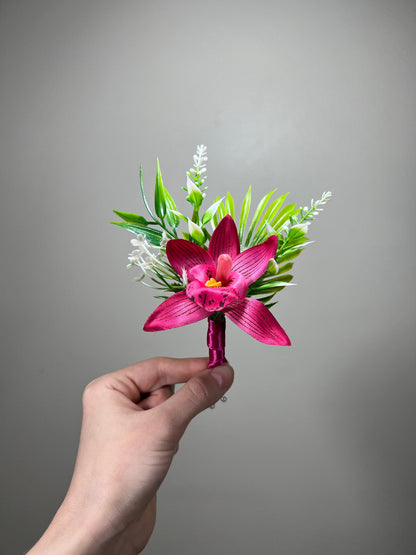 Orchid Boutonniere Wedding Groom Fuchsia Boutonniere Hot Pink Groomsmen Beach Boutonniere Tropical Deep Pink Orchid Artificial Flowers