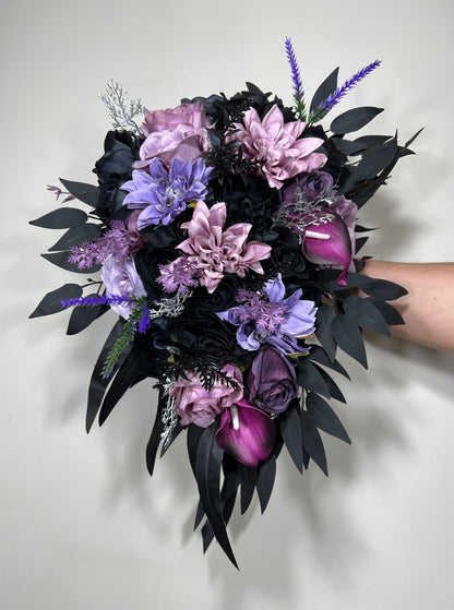 Wedding Bouquet Black Purple Bridal Gothic Bouquet Black Dark Purple Bridesmaids Bouquet Black Purple Calla Lily Gold Artificial Flower