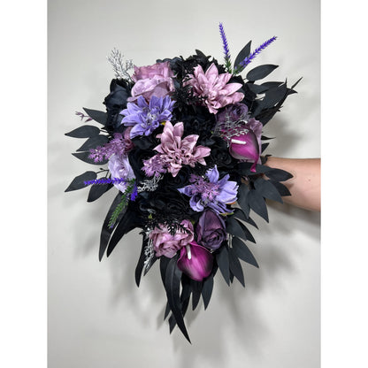 Wedding Bouquet Black Purple Bridal Cascade Bouquet Black Dark Purple Bridesmaids Bouquet Black Purple Calla Lily Artificial Flower