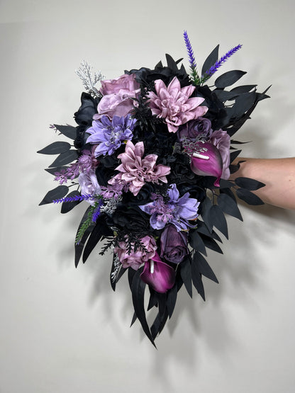 Wedding Bouquet Black Purple Bridal Cascade Bouquet Black Dark Purple Bridesmaids Bouquet Black Purple Calla Lily Artificial Flower