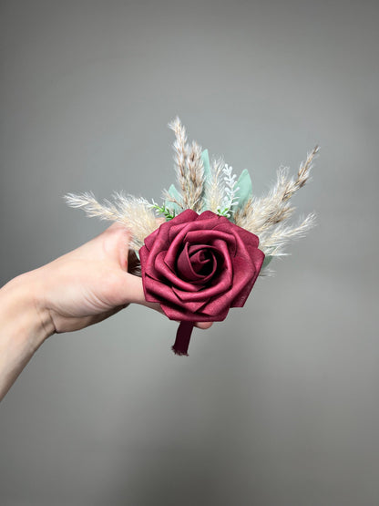 Burgundy Boutonniere Wedding Groom Burgundy Boutonnière Red Groomsmen Boutonnière Groom Artificial Flowers