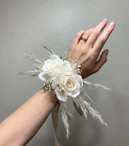 Wedding Corsage White Boho Wedding Wrist Corsage Bridesmaids Corsage Ivory Corsage Accessories Pampas Grass Artificial Flowers Baby Breath