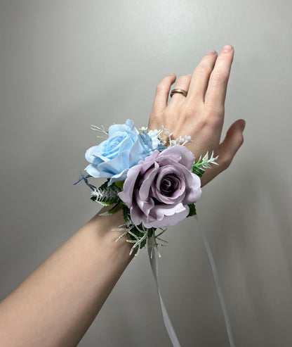 Wedding Blue Corsage White Wedding Wrist Corsage Purple Bridesmaids Dusty Blue Light Corsage Purple Mom Corsage Artificial Flowers