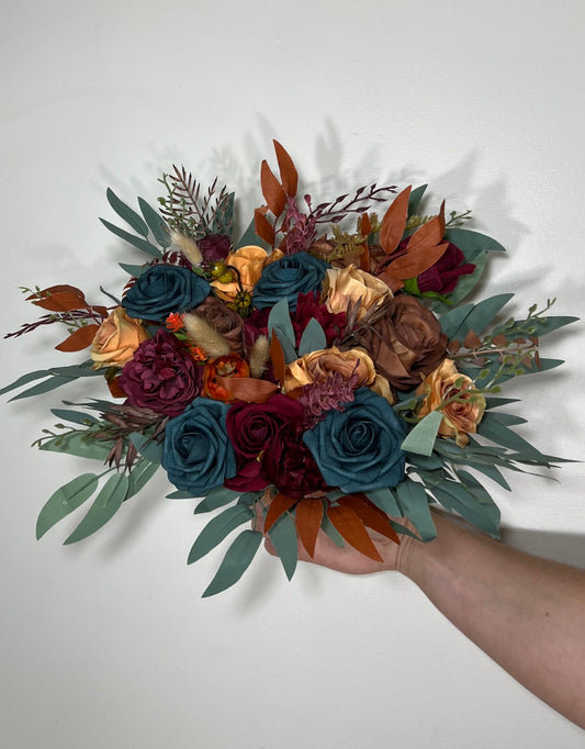 Wedding Dark Teal Bouquet Bridal Rust Terracotta Bridesmaids Burgundy Burnt Orange Bouquet Teal Terracotta Artificial Flowers Bouquet