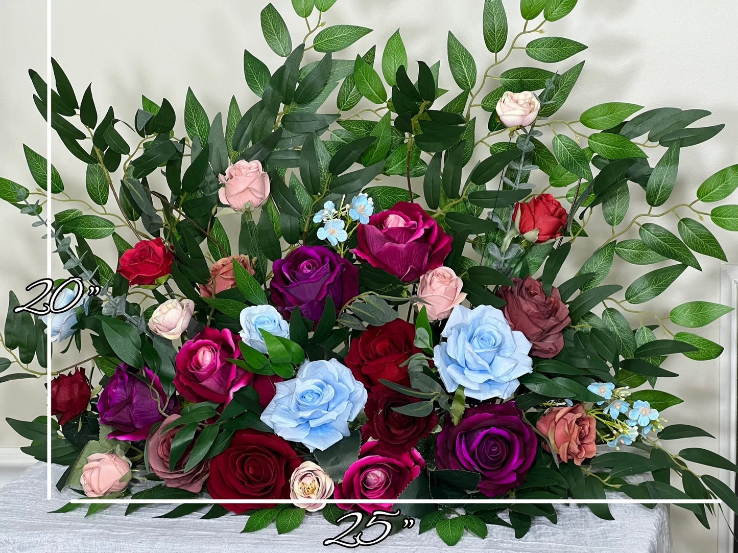 Jewel Tones Floor Arrangement Free Standing Purple Wedding Aisle Sweetheart Burgundy Blue Pink Dusty Fuchsia Artificial Flower 25"Wx20"H