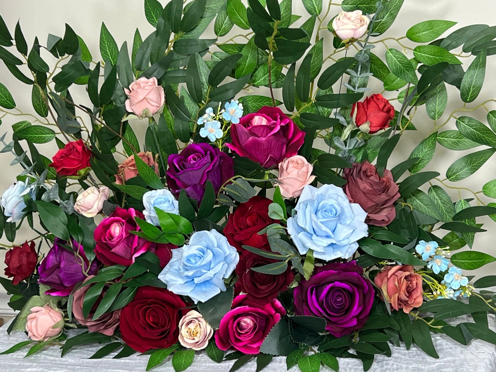 Jewel Tones Floor Arrangement Free Standing Purple Wedding Aisle Sweetheart Burgundy Blue Pink Dusty Fuchsia Artificial Flower 25"Wx20"H