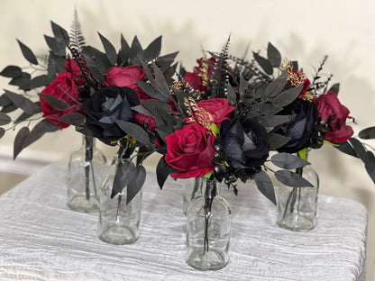 Black Centerpiece 3 Flowers Wedding Gothic Table Decor Burgundy Small Centerpiece Black Gold Centerpiece Table Decor Burgundy Artifical