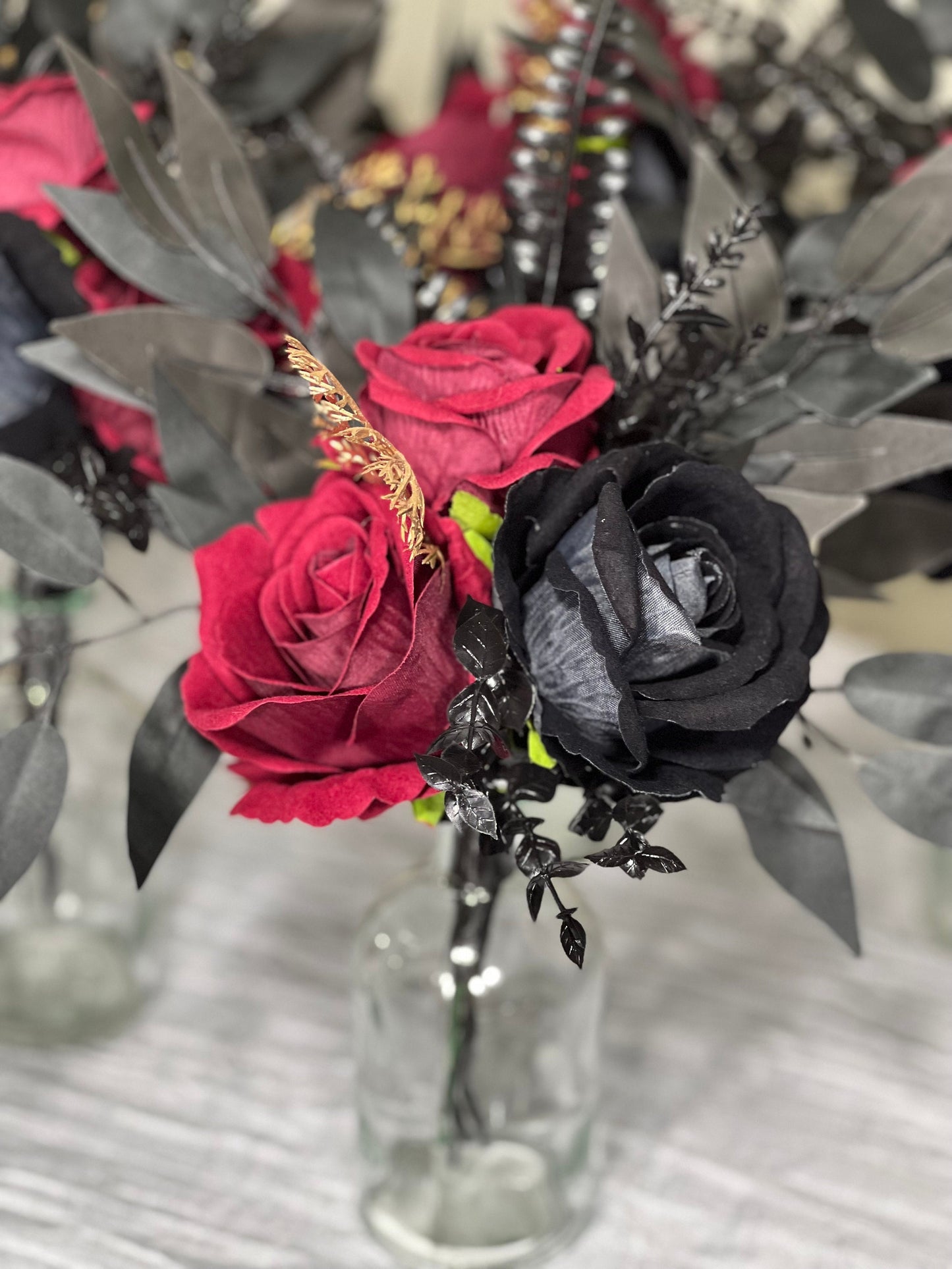 Black Centerpiece 3 Flowers Wedding Gothic Table Decor Burgundy Small Centerpiece Black Gold Centerpiece Table Decor Burgundy Artifical