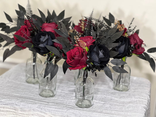 Black Centerpiece 3 Flowers Wedding Gothic Table Decor Burgundy Small Centerpiece Black Gold Centerpiece Table Decor Burgundy Artifical